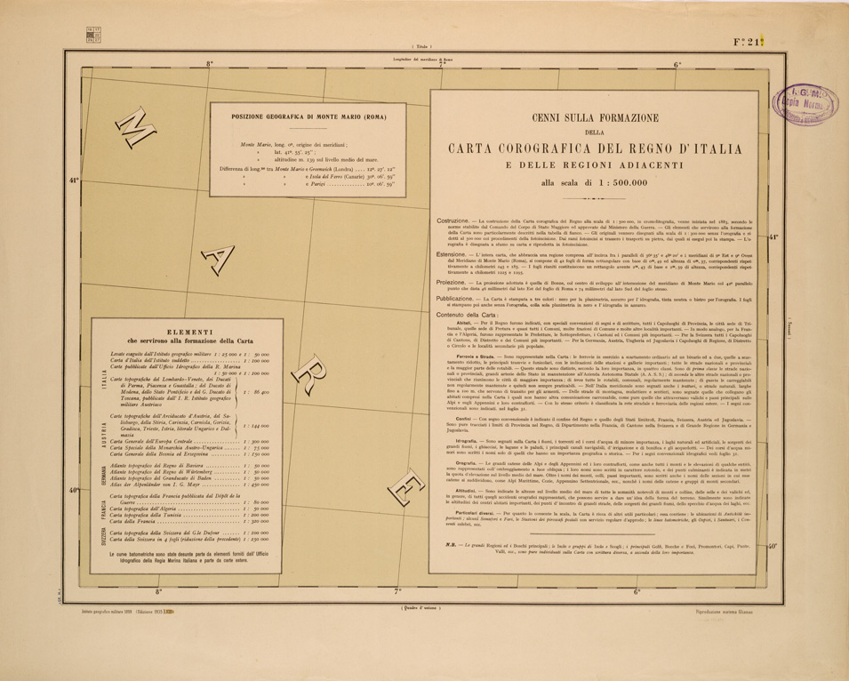 (N:26458) CARTA COROGRAFICA DEL REGNO D'ITALIA E DELLE REGIONI ADIACENTI EDIZIONE 1935-1937 FOGLIO 21 CENNI SULLA FORMAZIONE DELLA CARTA (SE000023) Carte e stampe antiche: riproduzione a colori su carta (formato A1)