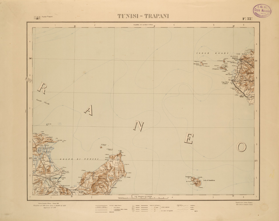 (N:26476) CARTA COROGRAFICA DEL REGNO D'ITALIA E DELLE REGIONI ADIACENTI EDIZIONE 1935-1937 FOGLIO 33 TUNISI-TRAPANI (SE000037) Carte e stampe antiche: riproduzione a colori su carta (formato A1)