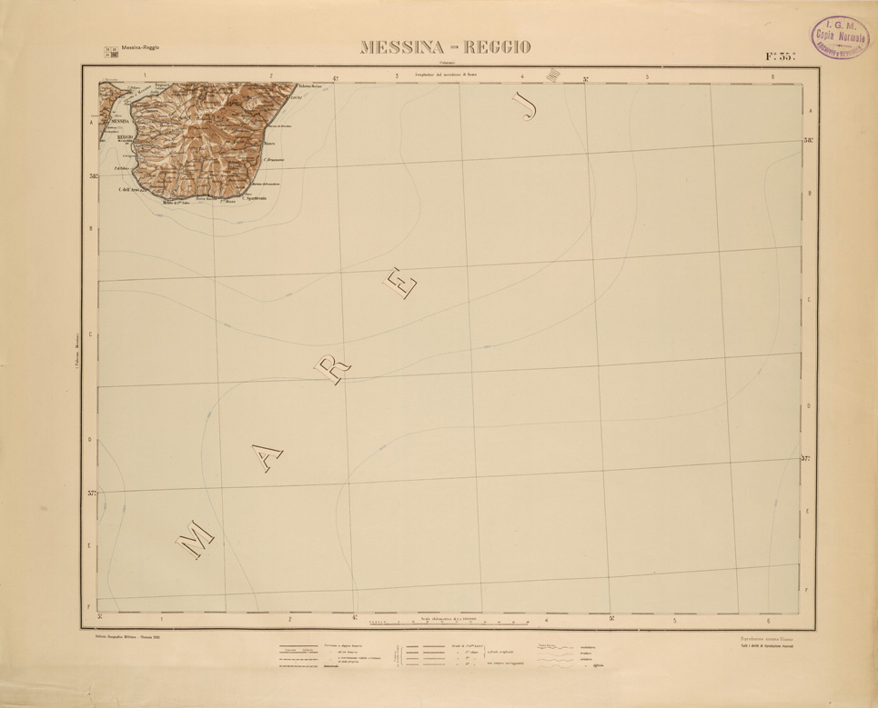 (N:26478) CARTA COROGRAFICA DEL REGNO D'ITALIA E DELLE REGIONI ADIACENTI EDIZIONE 1935-1937 FOGLIO 35 MESSINA-REGGIO (SE000039) Carte e stampe antiche: riproduzione a colori su carta (formato A1)
