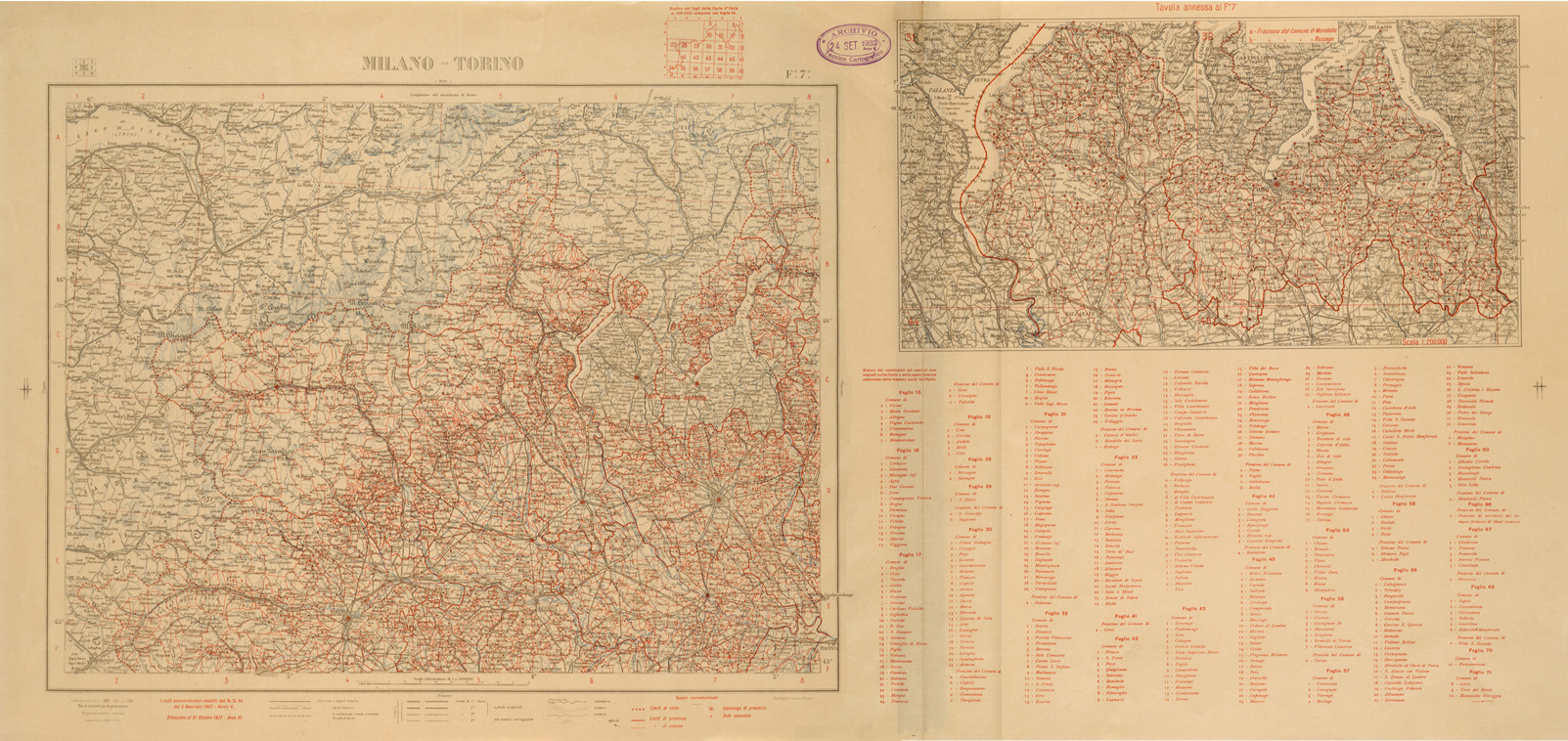 (N:26480) CARTA COROGRAFICA D'ITALIA FOGLIO 7 MILANO TORINO (SE000041) Carte e stampe antiche: riproduzione a colori su carta (formato A1)