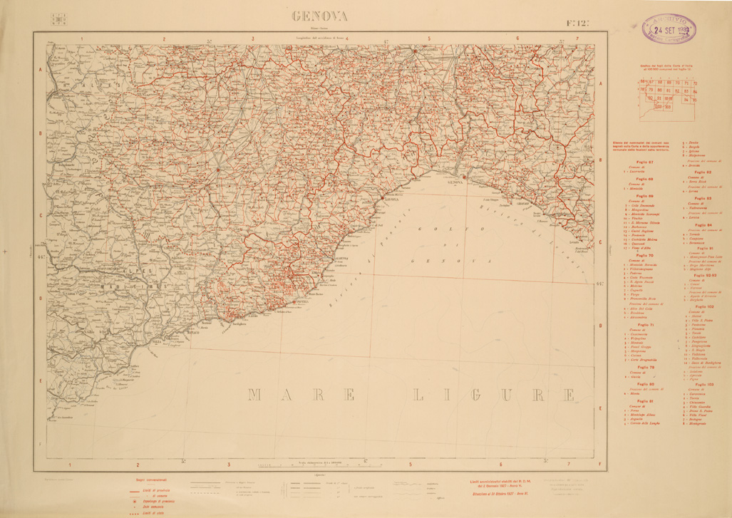 (N:26483) CARTA COROGRAFICA D'ITALIA FOGLIO 12 GENOVA (SE000045) Carte e stampe antiche: riproduzione a colori su carta (formato A1)