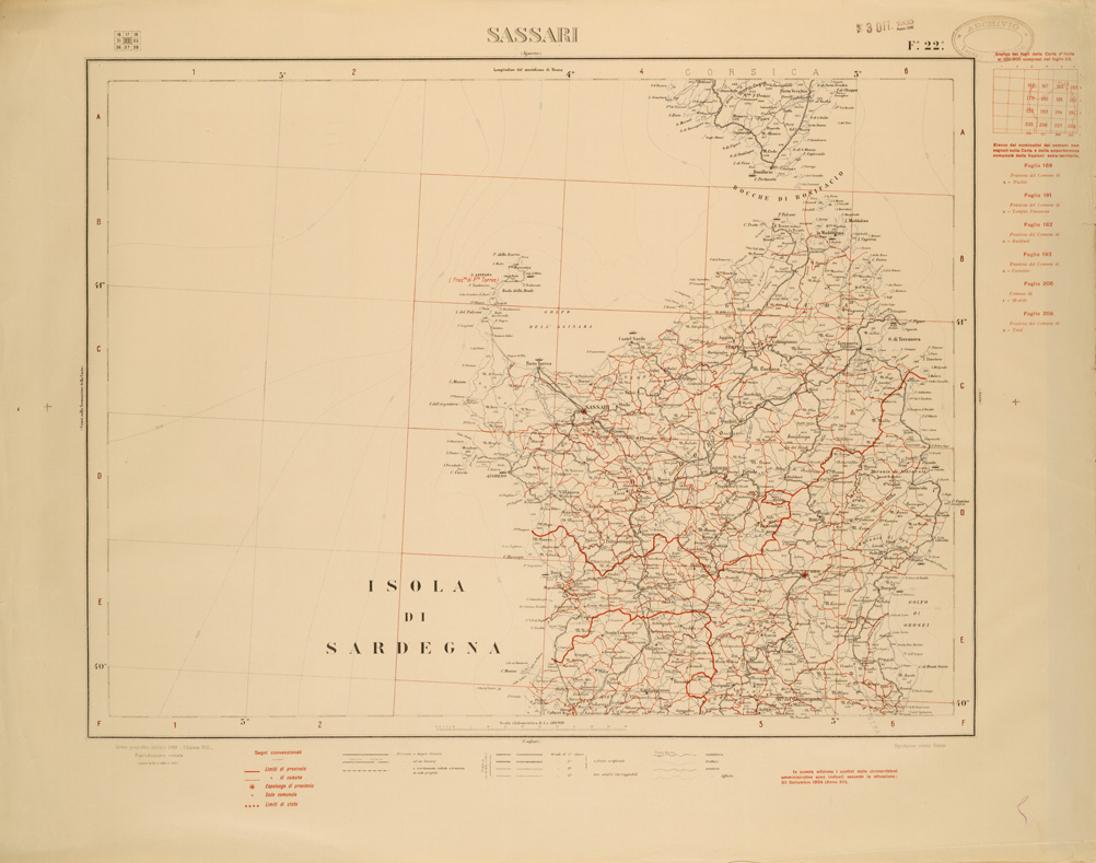 (N:26489) CARTA COROGRAFICA D'ITALIA FOGLIO 22 SASSARI (SE000051) Carte e stampe antiche: riproduzione a colori su carta (formato A1)