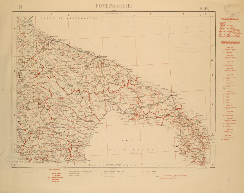 (N:26491) CARTA COROGRAFICA D'ITALIA FOGLIO 25 POTENZA BARI (SE000053) Carte e stampe antiche: riproduzione a colori su carta (formato A1)