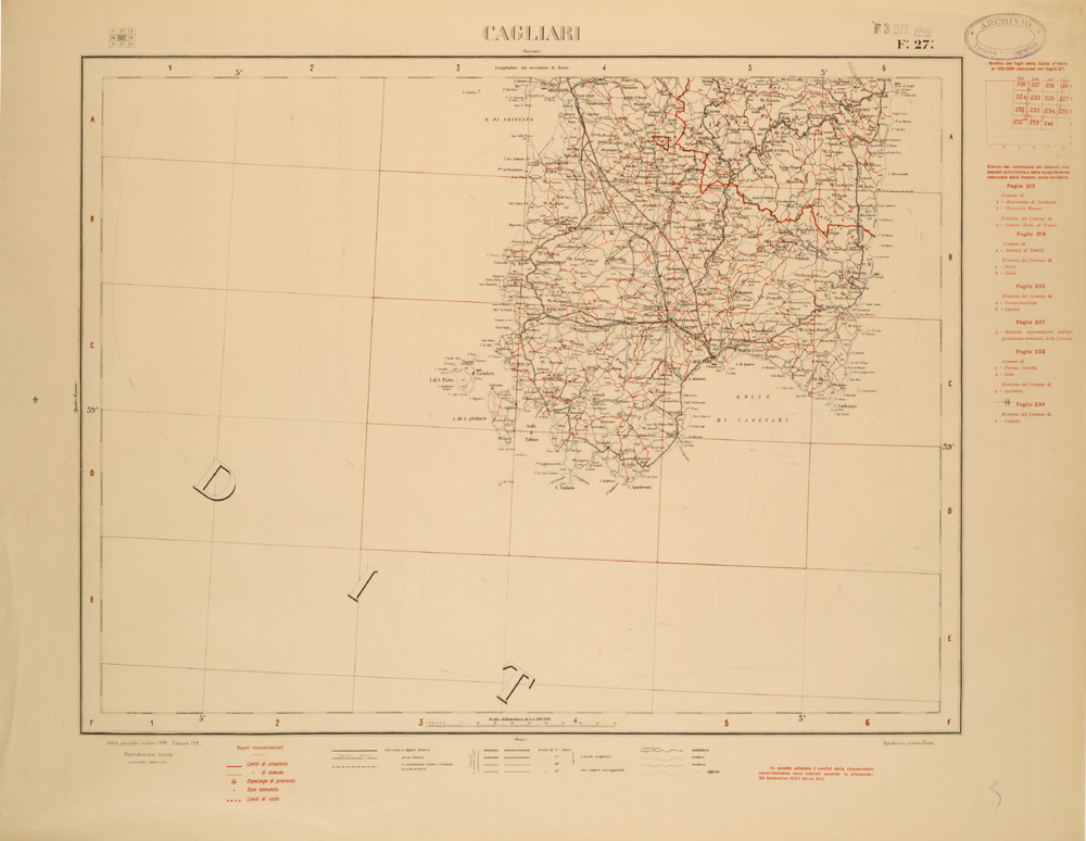 (N:26492) CARTA COROGRAFICA D'ITALIA FOGLIO 27 CAGLIARI (SE000054) Carte e stampe antiche: riproduzione a colori su carta (formato A1)