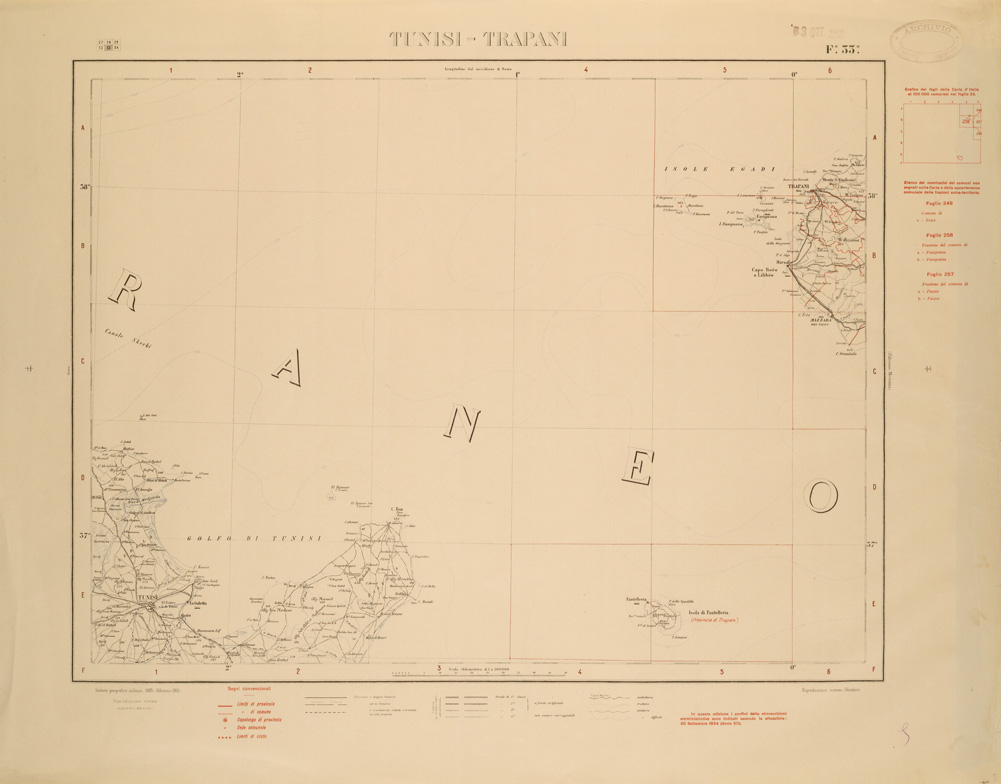 (N:26495) CARTA COROGRAFICA D'ITALIA FOGLIO 33 TUNISI TRAPANI (SE000057) Carte e stampe antiche: riproduzione a colori su carta (formato A1)