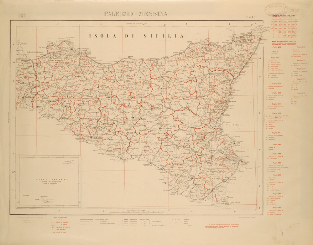 (N:26496) CARTA COROGRAFICA D'ITALIA FOGLIO 34 PALERMO MESSINA (SE000058) Carte e stampe antiche: riproduzione a colori su carta (formato A1)