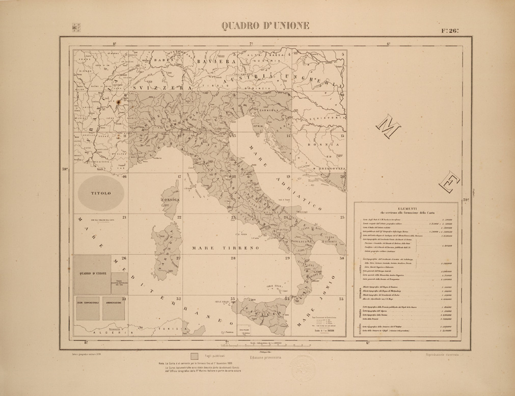(N:26498) CARTA COROGRAFICA DEL REGNO D'ITALIA E DELLE REGIONI ADIACENTI FOGLIO 26 QUADRO D'UNIONE (SE000060) Carte e stampe antiche: riproduzione a colori su carta (formato A1)