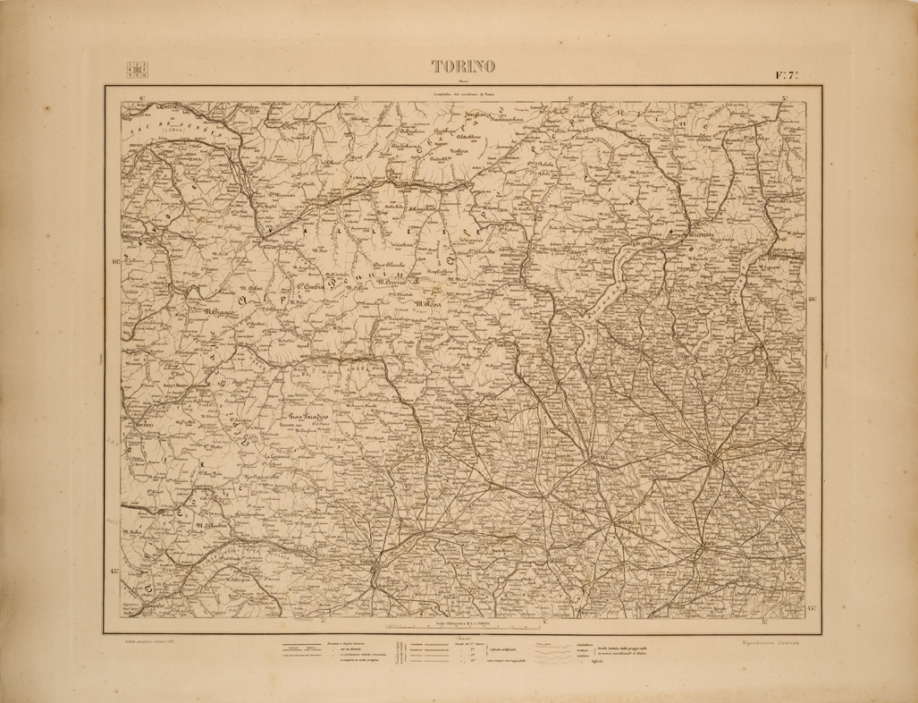 (N:26506) CARTA COROGRAFICA DEL REGNO D'ITALIA E DELLE REGIONI ADIACENTI FOGLIO 7 TORINO (SE000068) Carte e stampe antiche: riproduzione a colori su carta (formato A1)