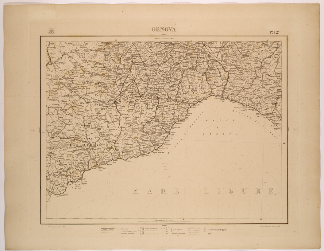 (N:26511) CARTA COROGRAFICA DEL REGNO D'ITALIA E DELLE REGIONI ADIACENTI FOGLIO 12 GENOVA (SE000073) Carte e stampe antiche: riproduzione a colori su carta (formato A1)