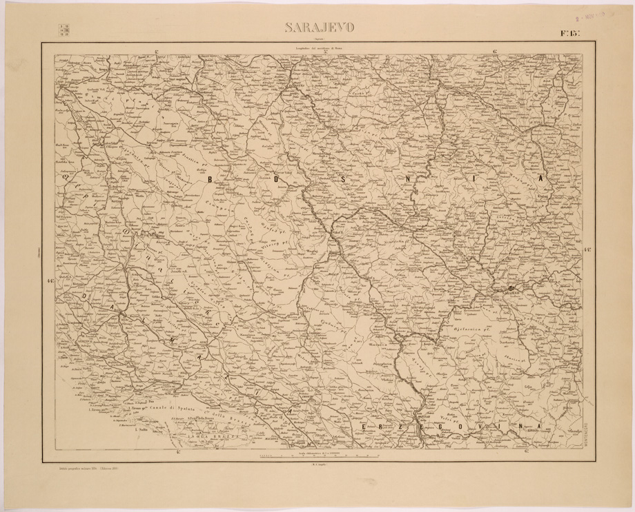 (N:26516) CARTA COROGRAFICA DEL REGNO D'ITALIA E DELLE REGIONI ADIACENTI FOGLIO 15 SARAJEVO (SE000076) Carte e stampe antiche: riproduzione a colori su carta (formato A1)