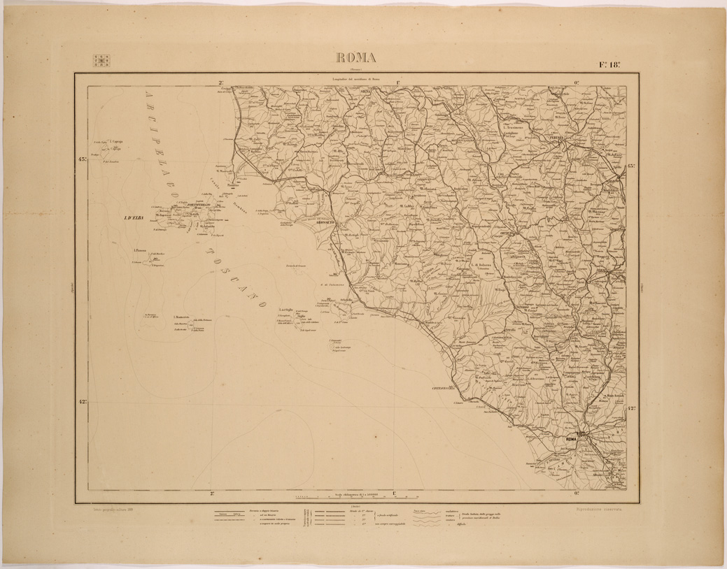 (N:26530) CARTA COROGRAFICA DEL REGNO D'ITALIA E DELLE REGIONI ADIACENTI FOGLIO 18 ROMA (SE000078) Carte e stampe antiche: riproduzione a colori su carta (formato A1)
