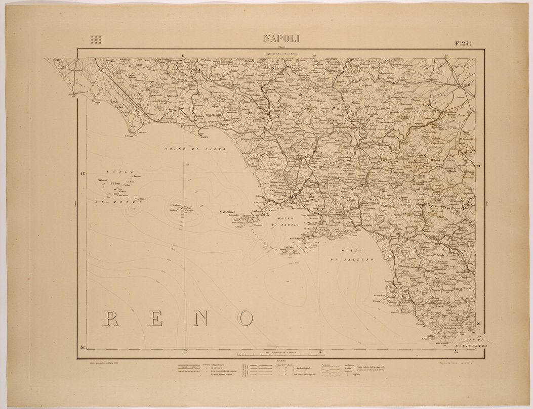 (N:26535) CARTA COROGRAFICA DEL REGNO D'ITALIA E DELLE REGIONI ADIACENTI FOGLIO 24 NAPOLI (SE000083) Carte e stampe antiche: riproduzione a colori su carta (formato A1)