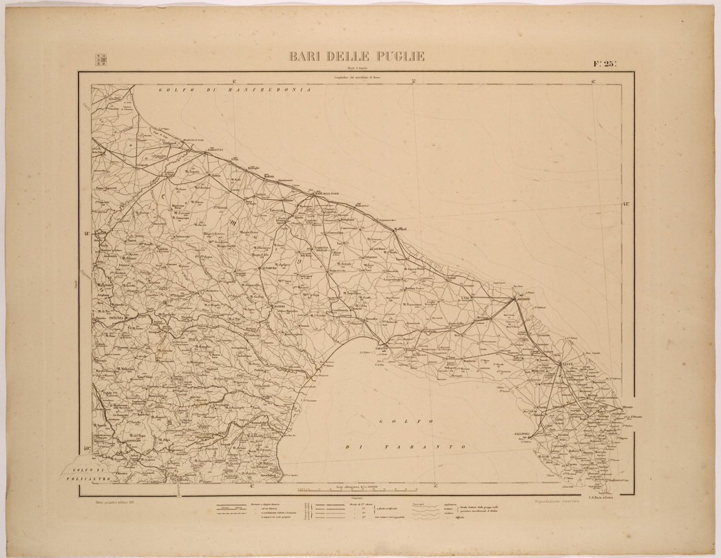 (N:26536) CARTA COROGRAFICA DEL REGNO D'ITALIA E DELLE REGIONI ADIACENTI FOGLIO 25 BARI DELLE PUGLIE (SE000084) Carte e stampe antiche: riproduzione a colori su carta (formato A1)