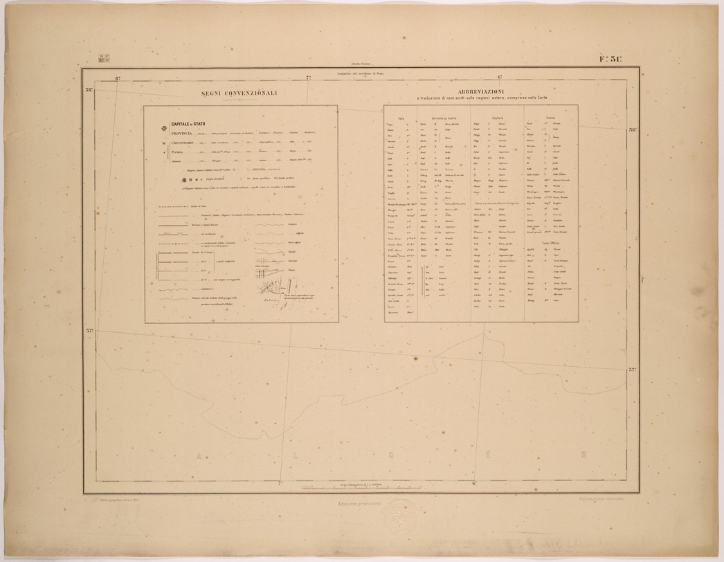 (N:26541) CARTA COROGRAFICA DEL REGNO D'ITALIA  E DELLE REGIONI ADIACENTI FOGLIO 31 SEGNI CONVENZIONALI (SE000089) Carte e stampe antiche: riproduzione a colori su carta (formato A1)