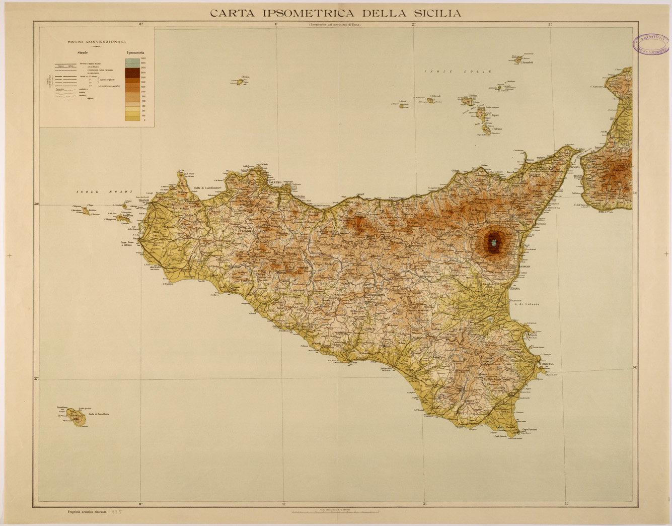 (N:26547) CARTA IPSOMETRICA DELLA SICILIA (SE000095) Carte e stampe antiche: riproduzione a colori su carta (formato A1)