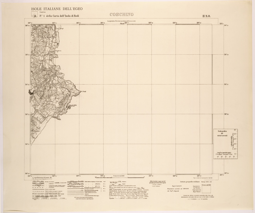 (N:26372) ISOLE ITALIANE DELL'EGEO AL 25.000 - ISOLA DI RODI - FOGLIO 1 II SO - COSCHINO
 (SE000103) Carte e stampe antiche: riproduzione a colori su carta (formato A1)