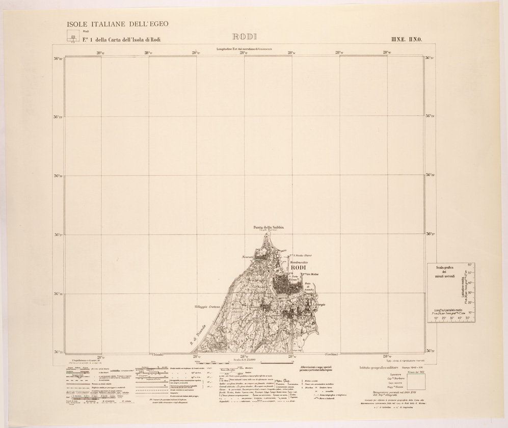 (N:26374) ISOLE ITALIANE DELL'EGEO AL 25.000 - ISOLA DI RODI - FOGLIO 1  III NE II NO - RODI (SE000104) Carte e stampe antiche: riproduzione a colori su carta (formato A1)