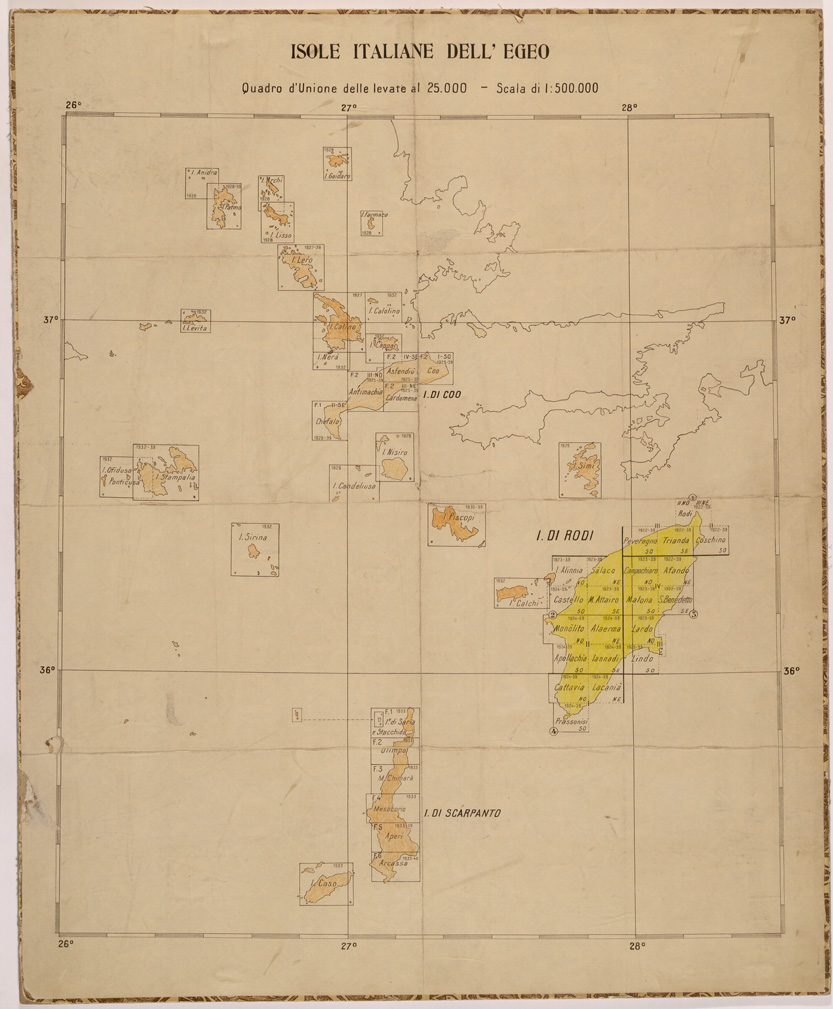 (N:26406) ISOLE ITALIANE DELL'EGEO - QUADRO D'UNIONE DELLE LEVATE AL 25.000 (SE000124) Carte e stampe antiche: riproduzione a colori su carta (formato A1)