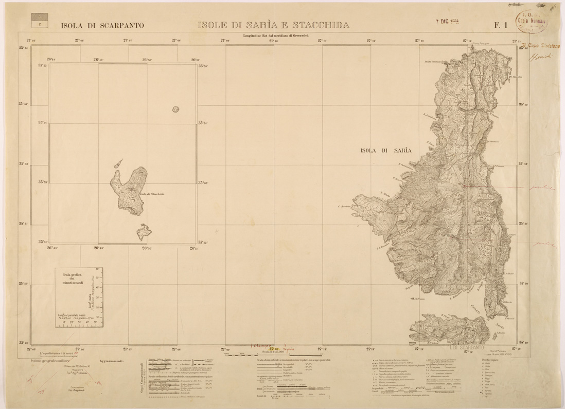 (N:26409) ISOLE ITALIANE DELL'EGEO AL 25.000 - ISOLA DI SCARPANTO - FOGLIO 1 - ISOLE DI SARIA E STACCHIDA (SE000125) Carte e stampe antiche: riproduzione a colori su carta (formato A1)