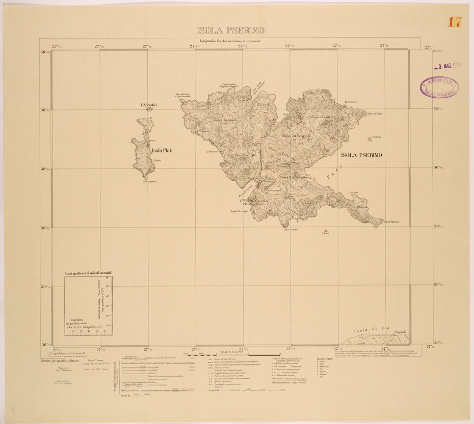 (N:26431) ISOLE ITALIANE DELL'EGEO AL 25.000 - ISOLA DI PSERIMO (CAPPARI) (SE000145) Carte e stampe antiche: riproduzione a colori su carta (formato A1)