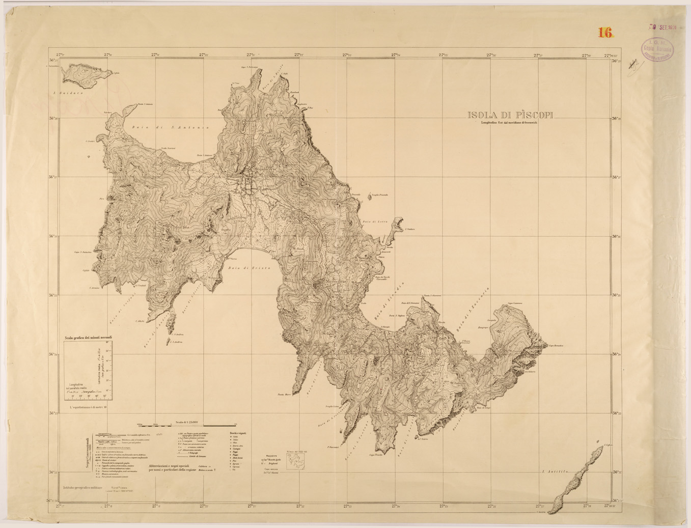(N:26439) ISOLE ITALIANE DELL'EGEO AL 25.000 - ISOLA DI PISCOPI (SE000154) Carte e stampe antiche: riproduzione a colori su carta (formato A1)