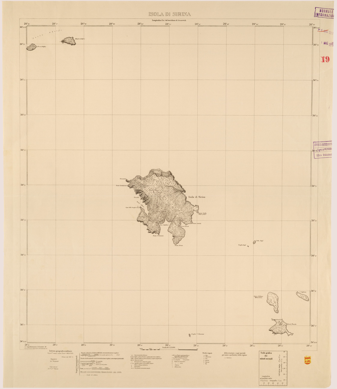 (N:26441) ISOLE ITALIANE DELL'EGEO AL 25.000 - ISOLA DI SIRINA (SE000157) Carte e stampe antiche: riproduzione a colori su carta (formato A1)