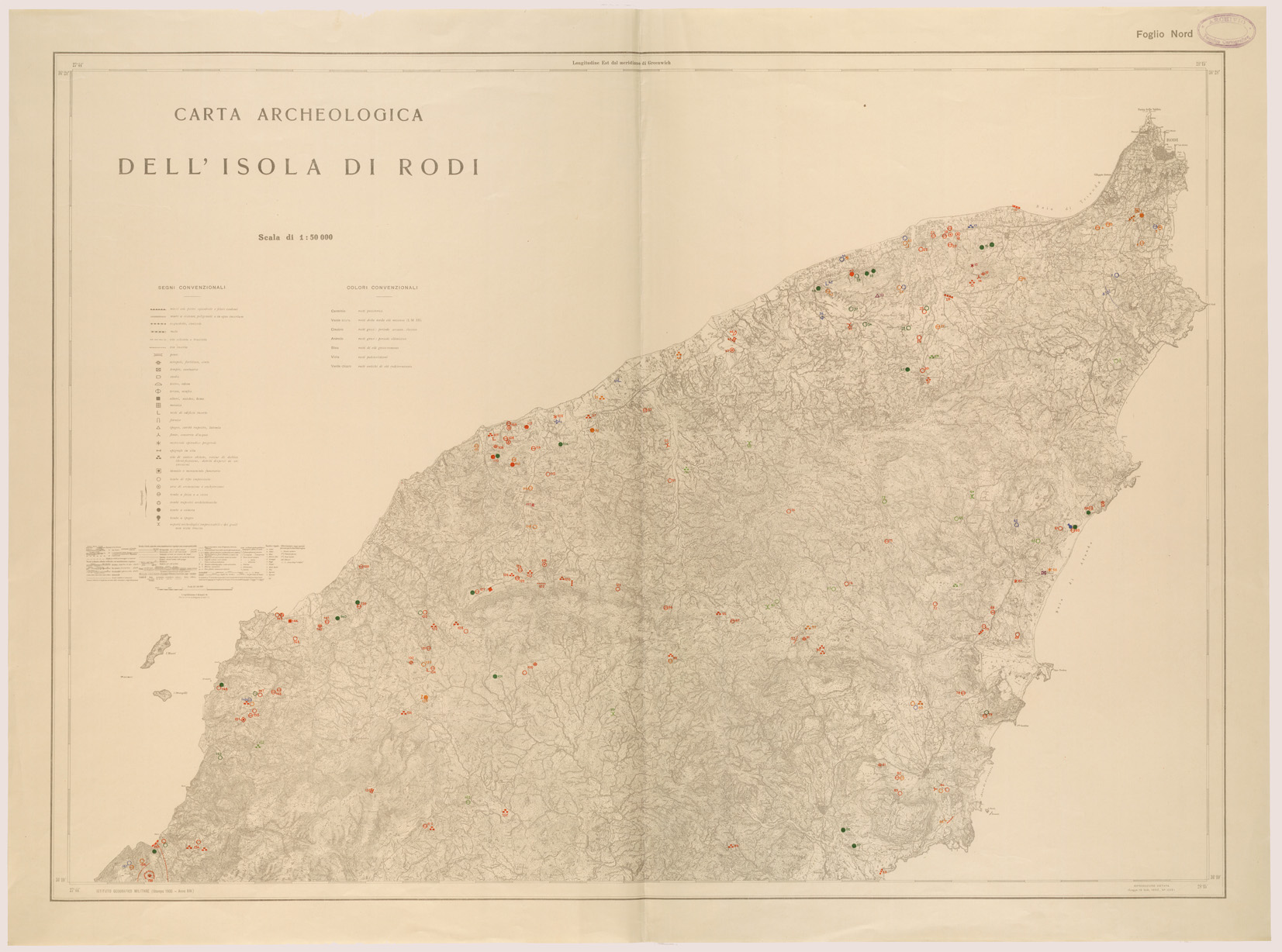(N:26447) CARTA ARCHEOLOGICA DELL'ISOLA DI RODI - FOGLIO NORD (SE000168) Carte e stampe antiche: riproduzione a colori su carta (formato A1)