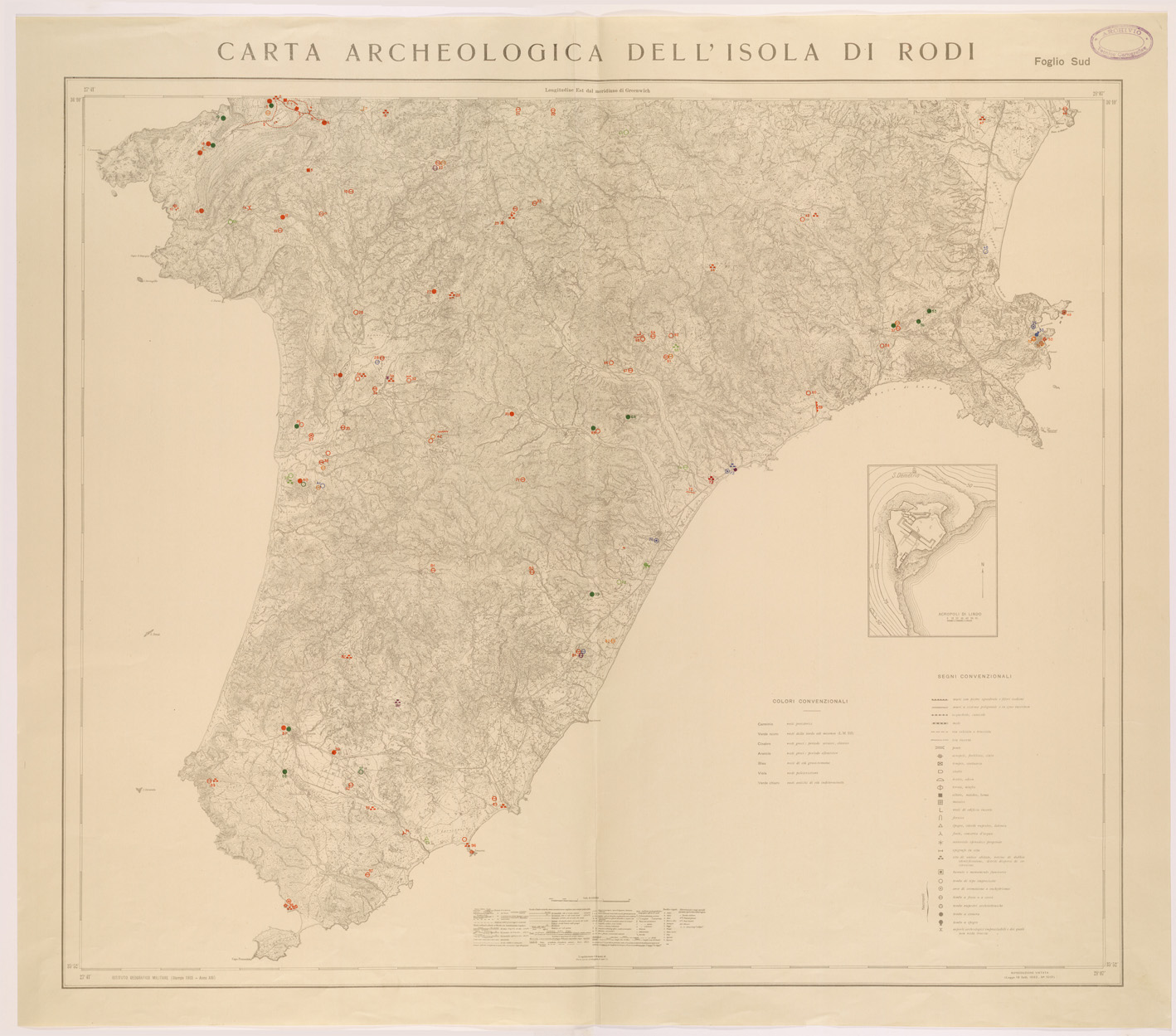 (N:26448) CARTA ARCHEOLOGICA DELL'ISOLA DI RODI - FOGLIO SUD (SE000170) Carte e stampe antiche: riproduzione a colori su carta (formato A1)