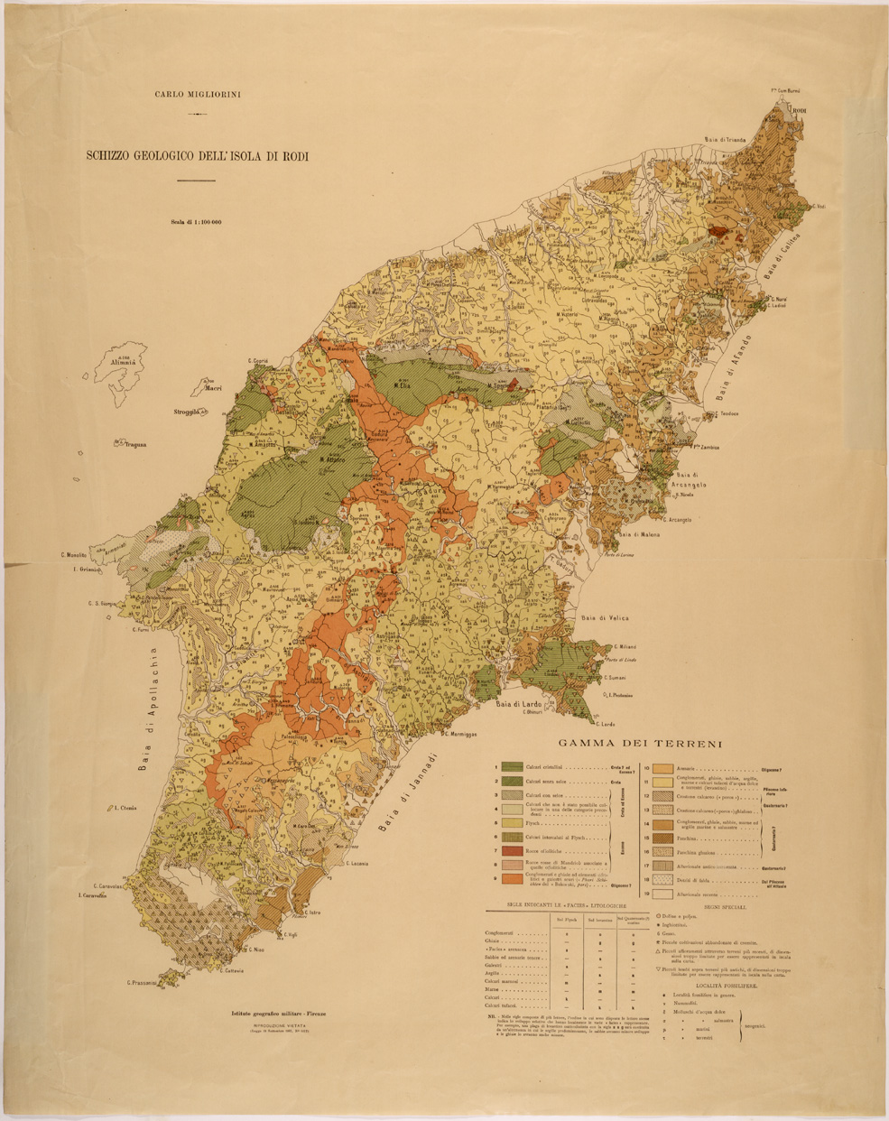 (N:26449) SCHIZZO GEOLOGICO DELL'ISOLA DI RODI - CARLO MIGLIORINI (SE000172) Carte e stampe antiche: riproduzione a colori su carta (formato A1)