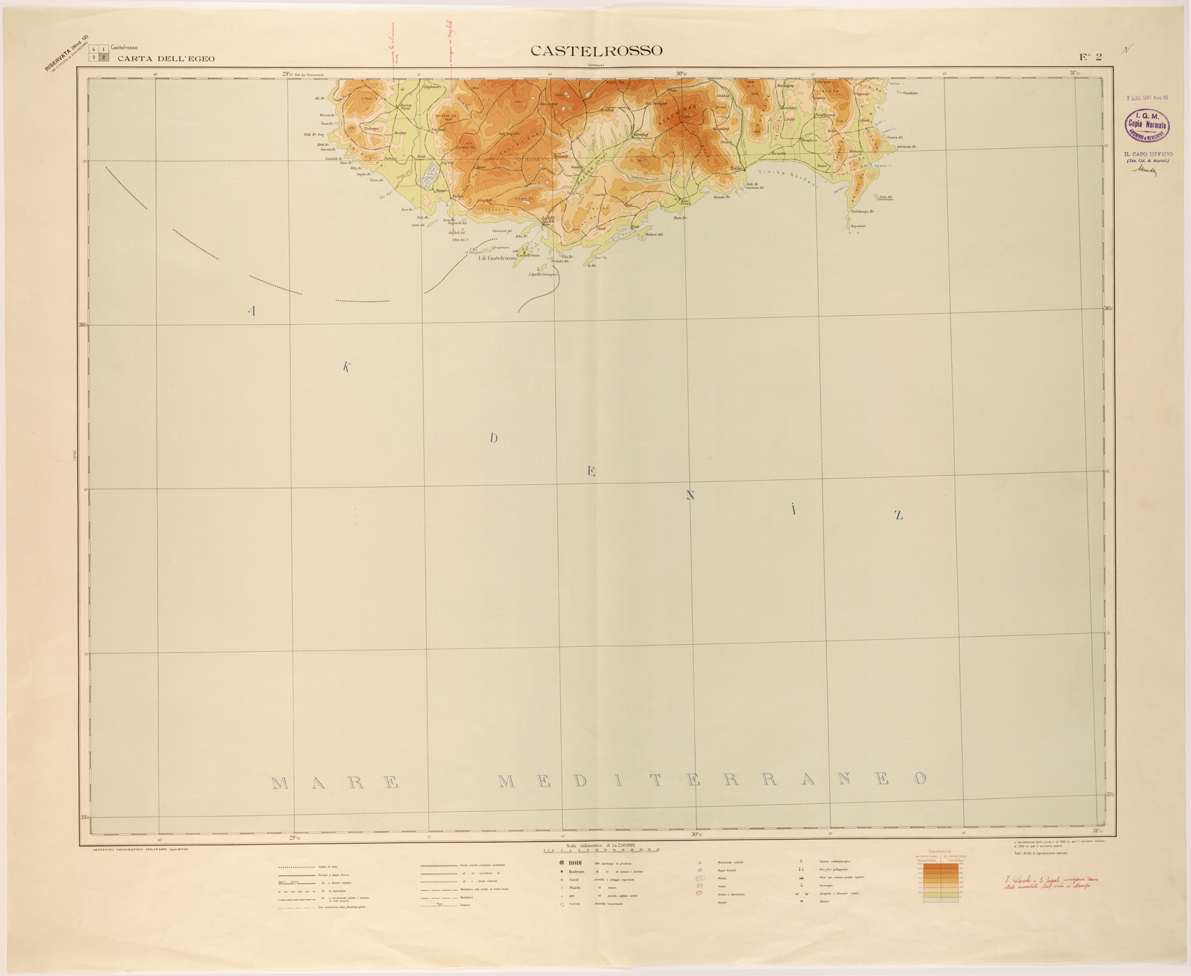 (N:26453) CARTA DELL'EGEO AL 250.000 -  FOGLIO 2 CASTELROSSO (SE000178) Carte e stampe antiche: riproduzione a colori su carta (formato A1)