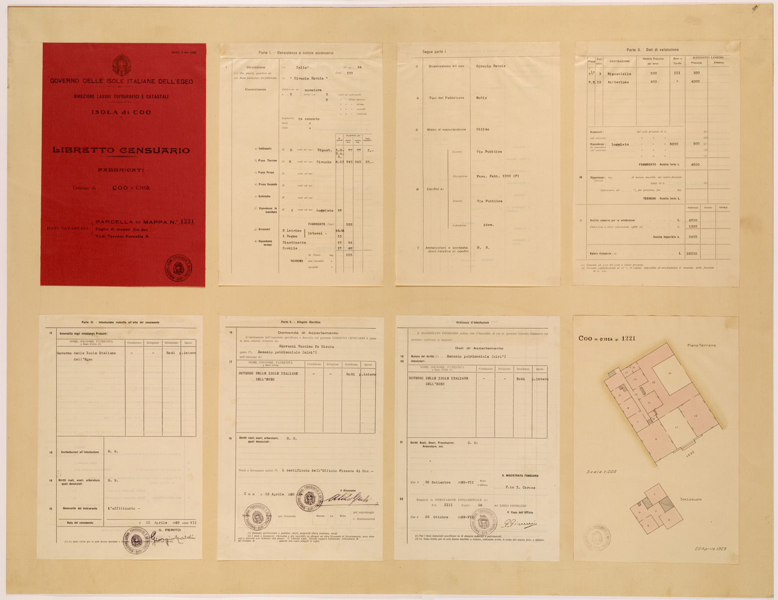 (N:26558) CATASTO DELLE ISOLE DELL' EGEO - ESEMPIO DI LIBRETTO CENSUARIO DEI FABBRICATI (SE000307) Carte e stampe antiche: riproduzione a colori su carta (formato A1)