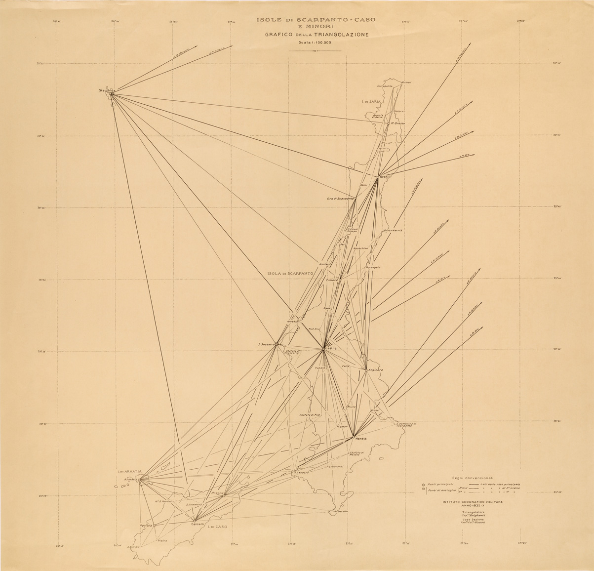 (N:26581) ISOLE DI SCARPANTO CASO E MINORI - GRAFICO DELLA TRIANGOLAZIONE (SE000347) Carte e stampe antiche: riproduzione a colori su carta (formato A1)