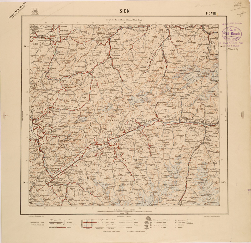 (N:26795) CARTA DEL REGNO D'ITALIA AL 200.000 - FOGLIO VIII - SION
 (SE000547) Carte e stampe antiche: riproduzione a colori su carta (formato A1)
