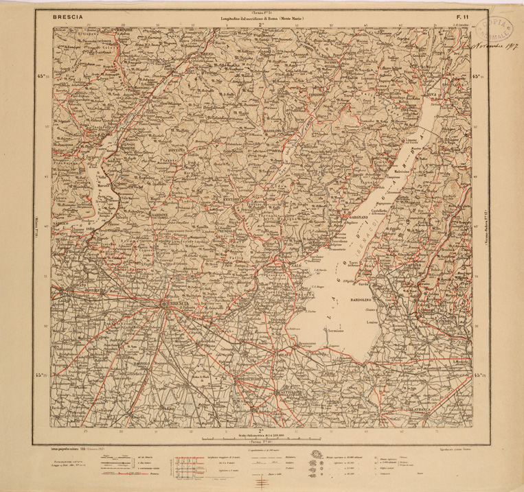 (N:26813) CARTA DEL REGNO D'ITALIA AL 200.000 - FOGLIO 11 - BRESCIA (SE000565) Carte e stampe antiche: riproduzione a colori su carta (formato A1)