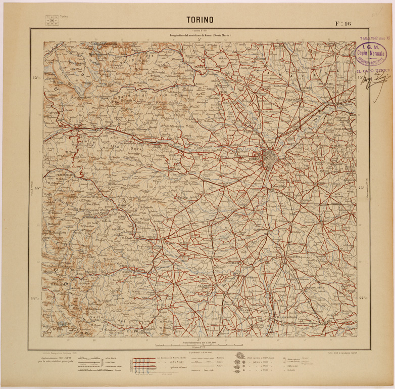 (N:26818) CARTA DEL REGNO D'ITALIA AL 200.000 - FOGLIO 16 - TORINO (SE000570) Carte e stampe antiche: riproduzione a colori su carta (formato A1)