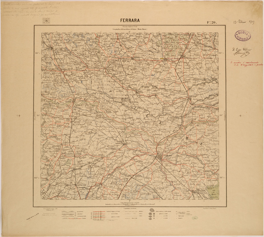 (N:26823) CARTA DEL REGNO D'ITALIA AL 200.000 - FOGLIO 20 - FERRARA (SE000574) Carte e stampe antiche: riproduzione a colori su carta (formato A1)