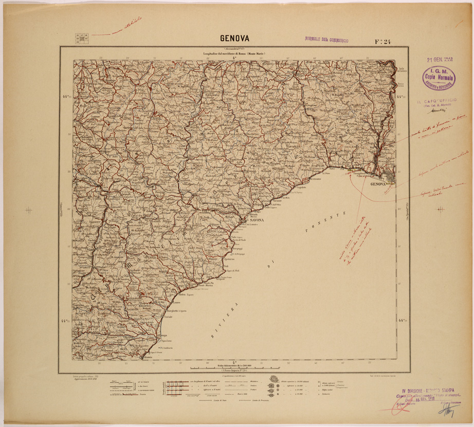 (N:26827) CARTA DEL REGNO D'ITALIA AL 200.000 - FOGLIO 24 - GENOVA (SE000578) Carte e stampe antiche: riproduzione a colori su carta (formato A1)