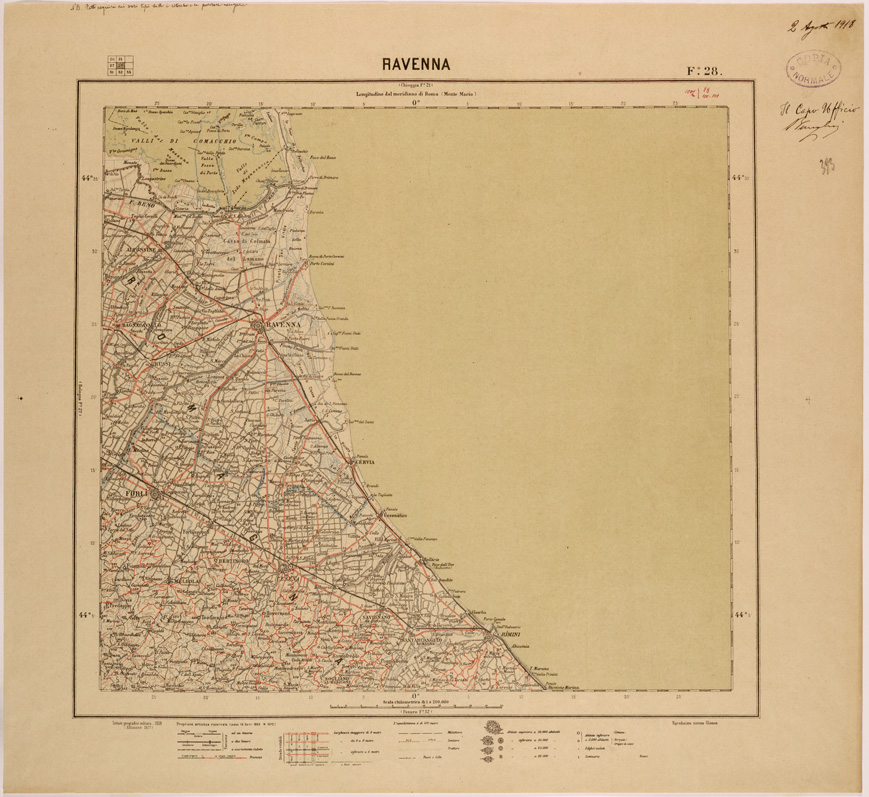 (N:26829) CARTA DEL REGNO D'ITALIA AL 200.000 - FOGLIO 28 - RAVENNA (SE000580) Carte e stampe antiche: riproduzione a colori su carta (formato A1)