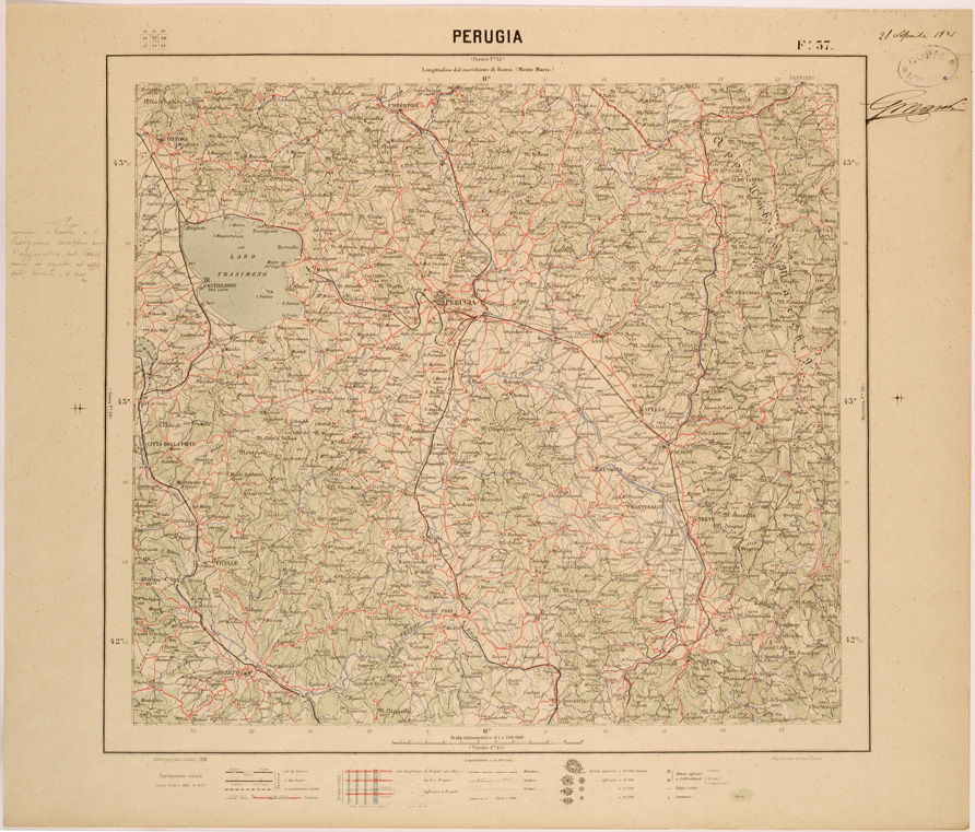 (N:26844) CARTA DEL REGNO D'ITALIA AL 200.000 - FOGLIO 37 - PERUGIA (SE000589) Carte e stampe antiche: riproduzione a colori su carta (formato A1)