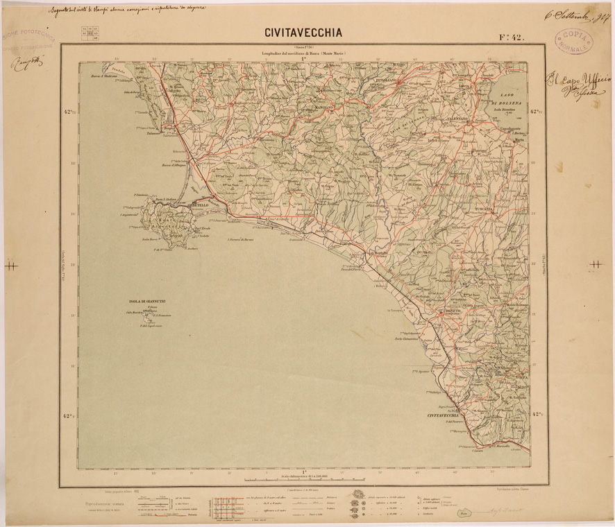 (N:26850) CARTA DEL REGNO D'ITALIA AL 200.000 - FOGLIO 42 - CIVITAVECCHIA (SE000591) Carte e stampe antiche: riproduzione a colori su carta (formato A1)