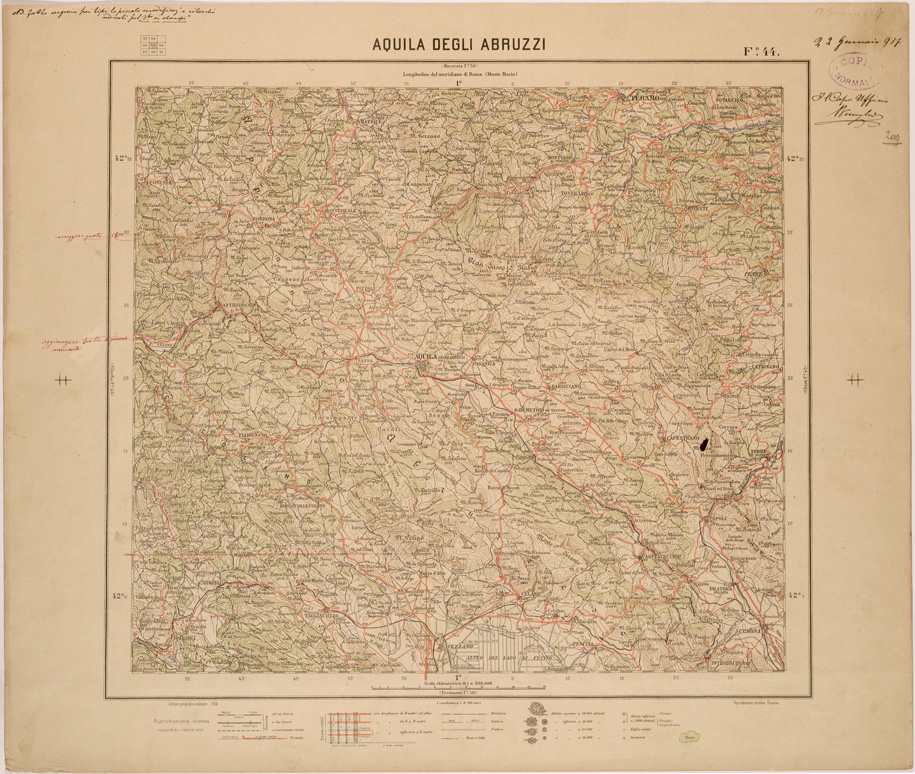 (N:26852) CARTA DEL REGNO D'ITALIA AL 200.000 - FOGLIO 44 - AQUILA DEGLI ABRUZZI (SE000592) Carte e stampe antiche: riproduzione a colori su carta (formato A1)