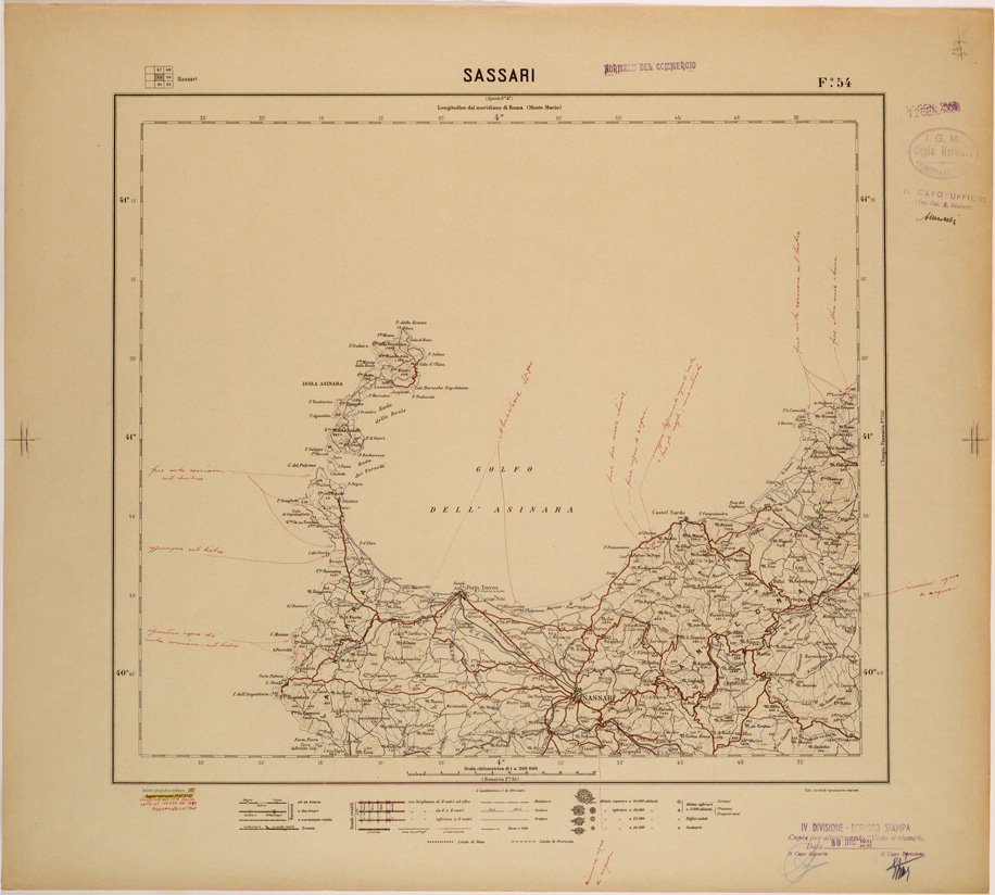 (N:26861) CARTA DEL REGNO D'ITALIA AL 200.000 - FOGLIO 54 - SASSARI (SE000595) Carte e stampe antiche: riproduzione a colori su carta (formato A1)