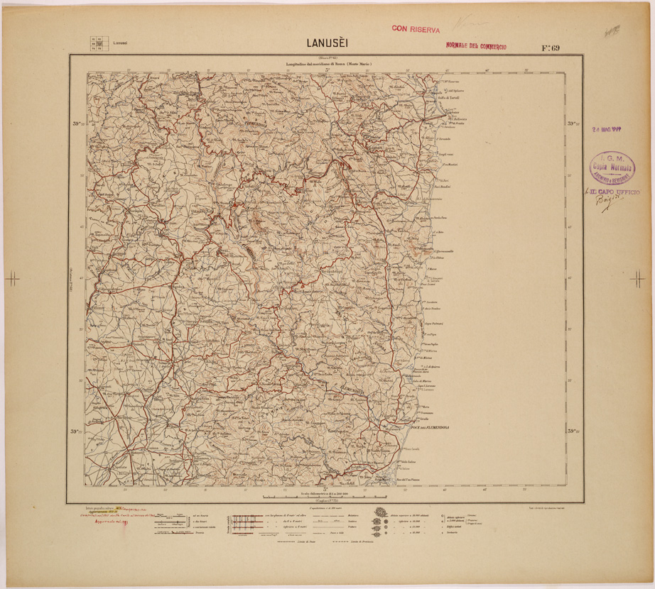 (N:26868) CARTA DEL REGNO D'ITALIA AL 200.000 - FOGLIO 69 - LANUSEI (SE000600) Carte e stampe antiche: riproduzione a colori su carta (formato A1)