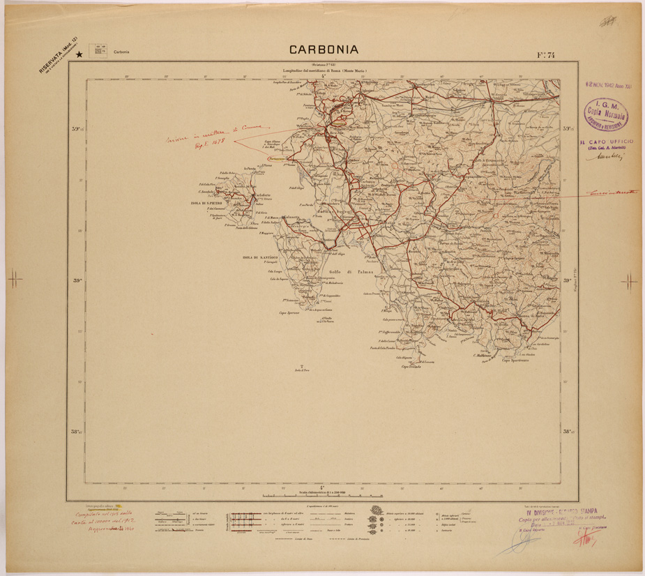 (N:26869) CARTA DEL REGNO D'ITALIA AL 200.000 - FOGLIO 74 - CARBONIA (SE000601) Carte e stampe antiche: riproduzione a colori su carta (formato A1)