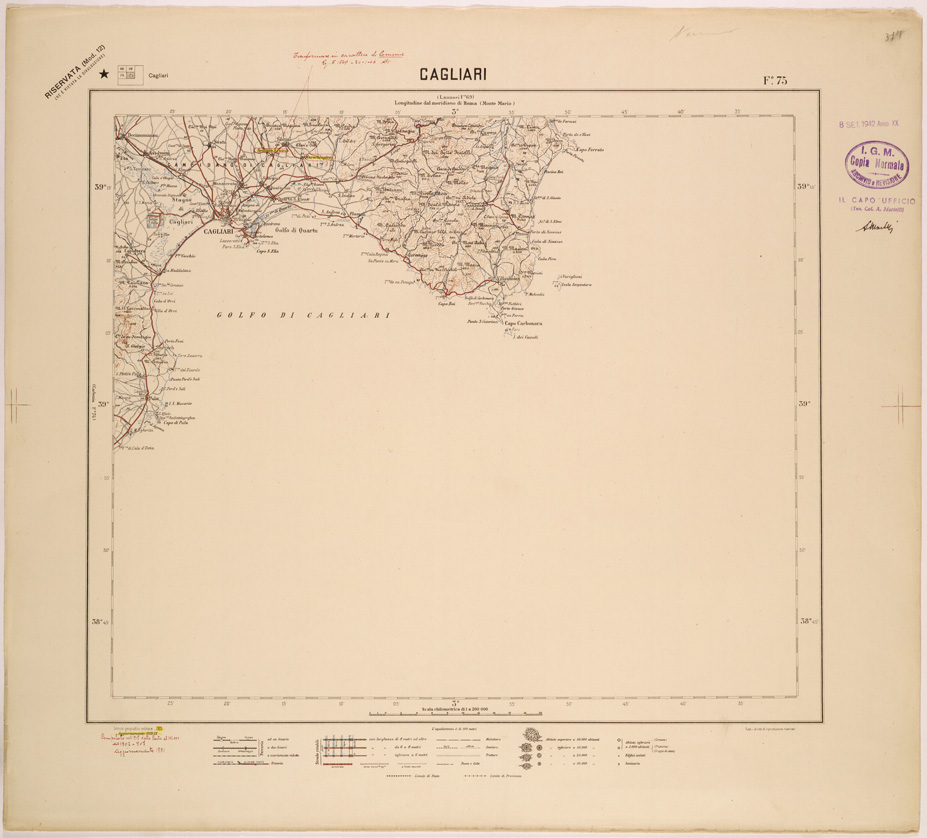 (N:26870) CARTA DEL REGNO D'ITALIA AL 200.000 - FOGLIO 75 - CAGLIARI (SE000602) Carte e stampe antiche: riproduzione a colori su carta (formato A1)