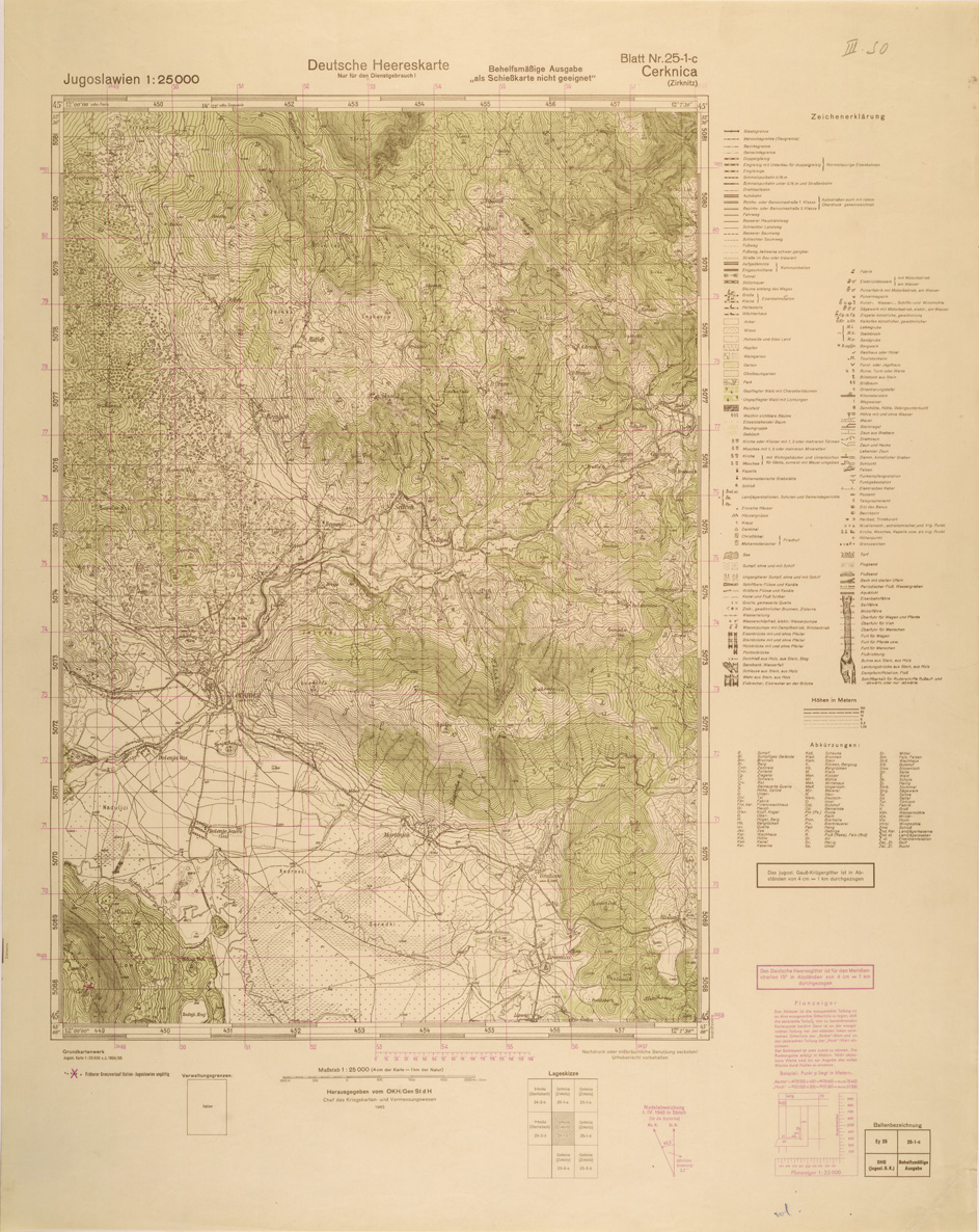 (N:26964) JUGOSLAVIA AL 25.000 - EDIZIONE TEDESCA - CERKNICA 25-1-C. (SE000815) Carte e stampe antiche: riproduzione a colori su carta (formato A1)