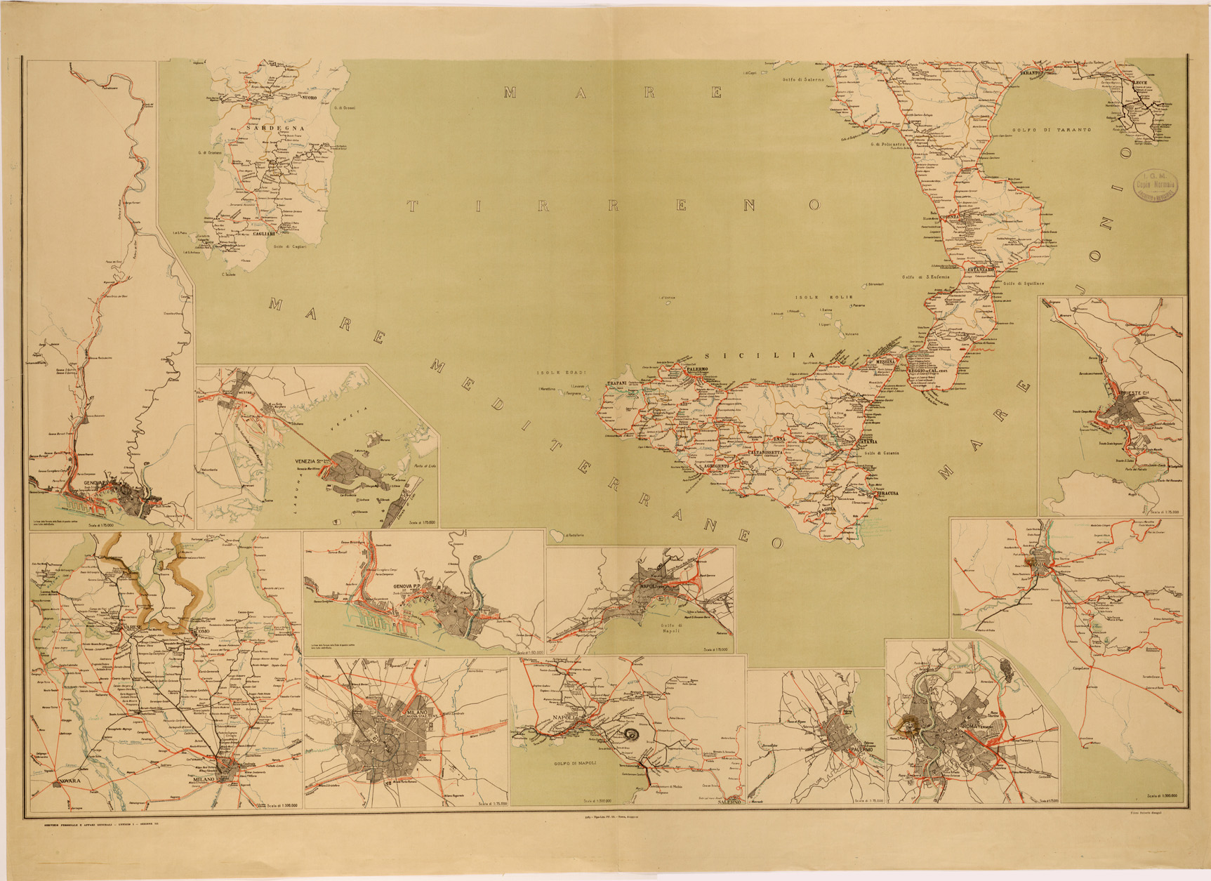 (N:27040) CARTA DELLE FERROVIE E TRANVIE DEL REGNO D'ITALIA - TAVOLA SUD (SE000887) Carte e stampe antiche: riproduzione a colori su carta (formato A1)