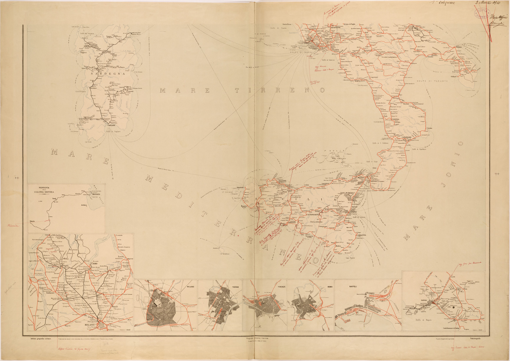 (N:27044) CARTA DELLE FERROVIE, TRAMVIE E LINEE DI NAVIGAZIONE DEL REGNO D'ITALIA - TAVOLA SUD (SE000895) Carte e stampe antiche: riproduzione a colori su carta (formato A1)