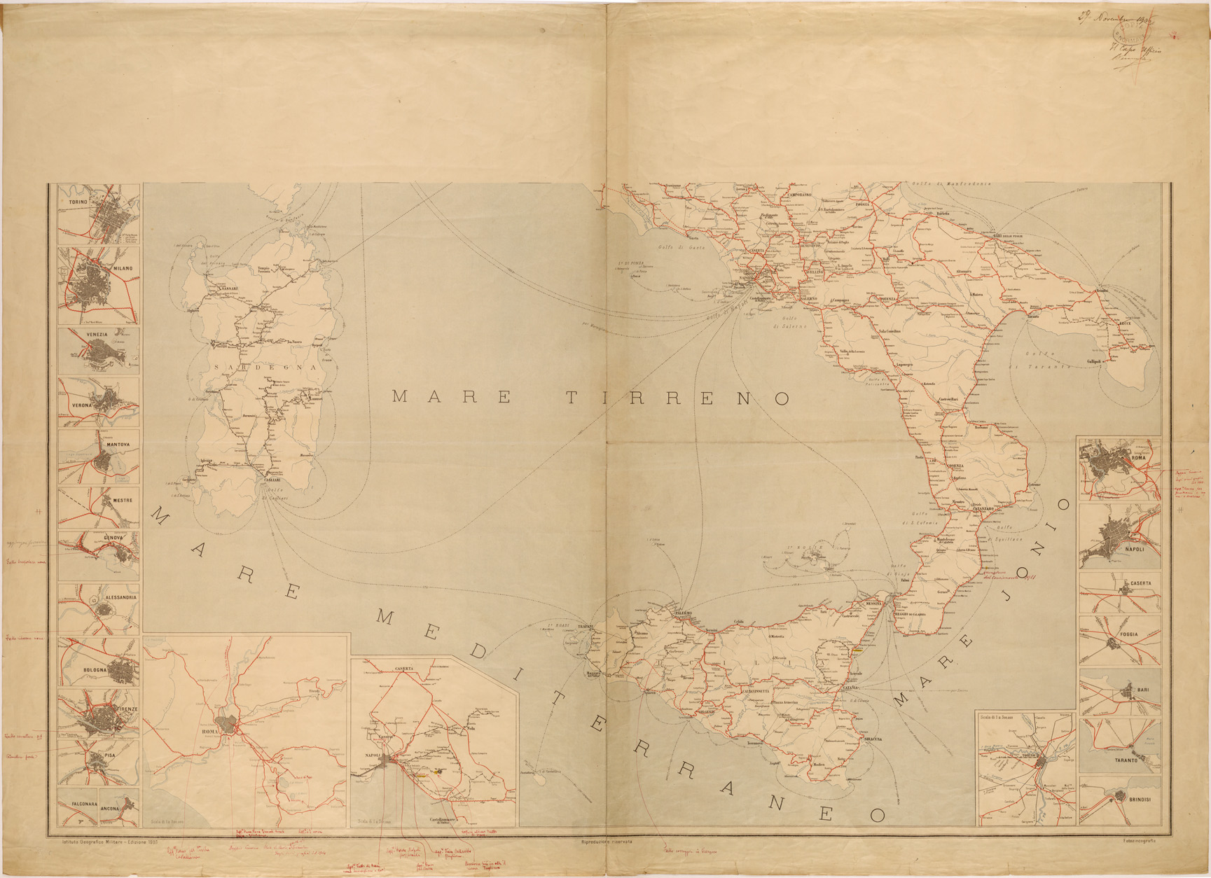 (N:27046) CARTA DELLE FERROVIE E DELLE LINEE DI NAVIGAZIONE DEL REGNO D'ITALIA - TAVOLA SUD (SE000899) Carte e stampe antiche: riproduzione a colori su carta (formato A1)