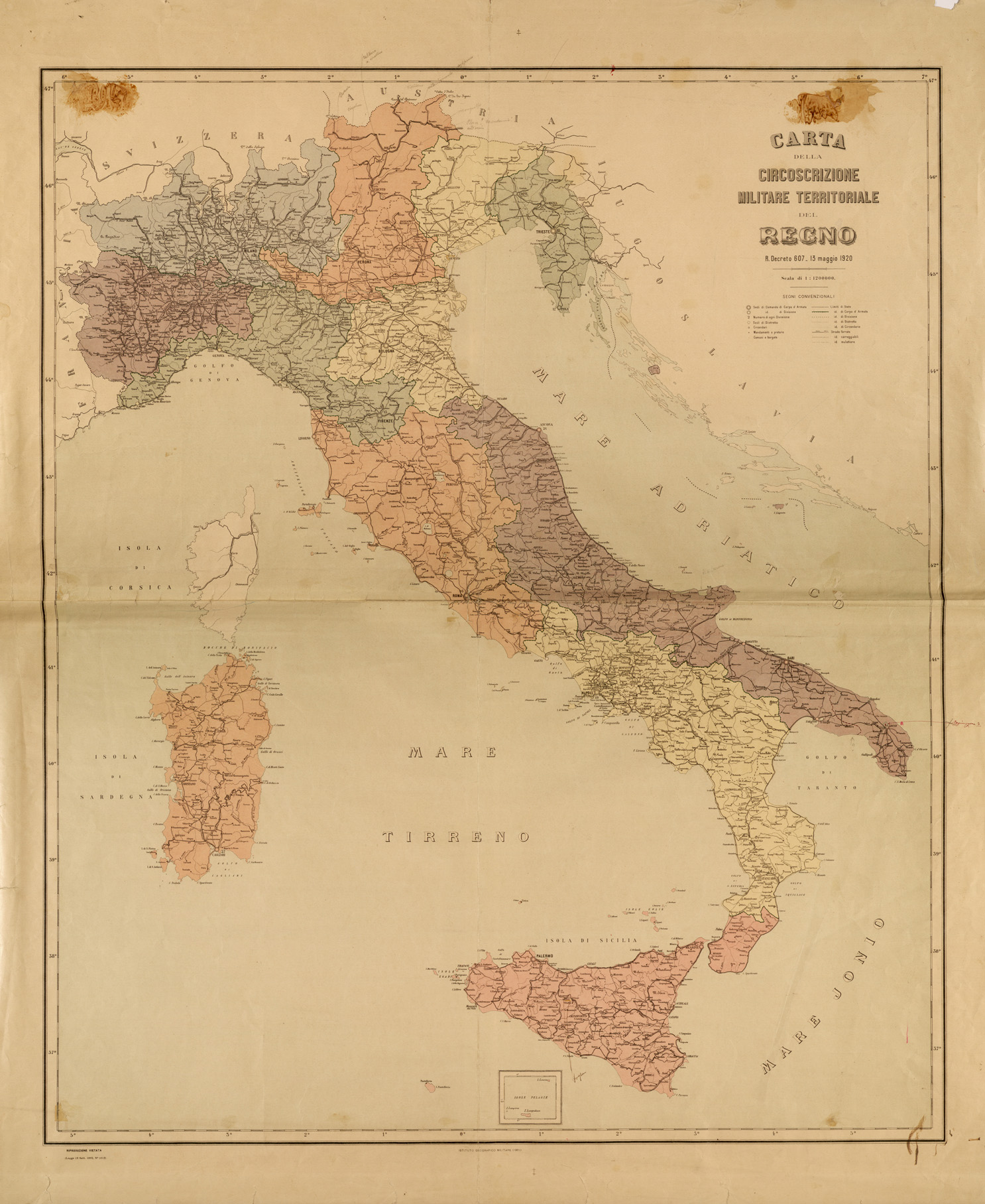 (N:27049) CARTA DELLA CIRCOSCRIZIONE MILITARE TERRITORIALE DEL REGNO (SE000903) Carte e stampe antiche: riproduzione a colori su carta (formato A1)